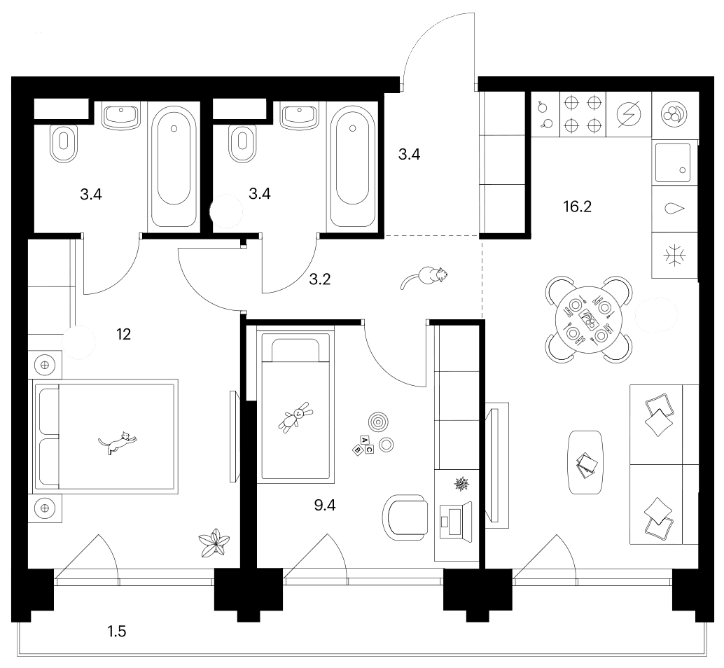 Планировка: 2-комнатная квартира 51 м² в ЖК «Строгино 360»