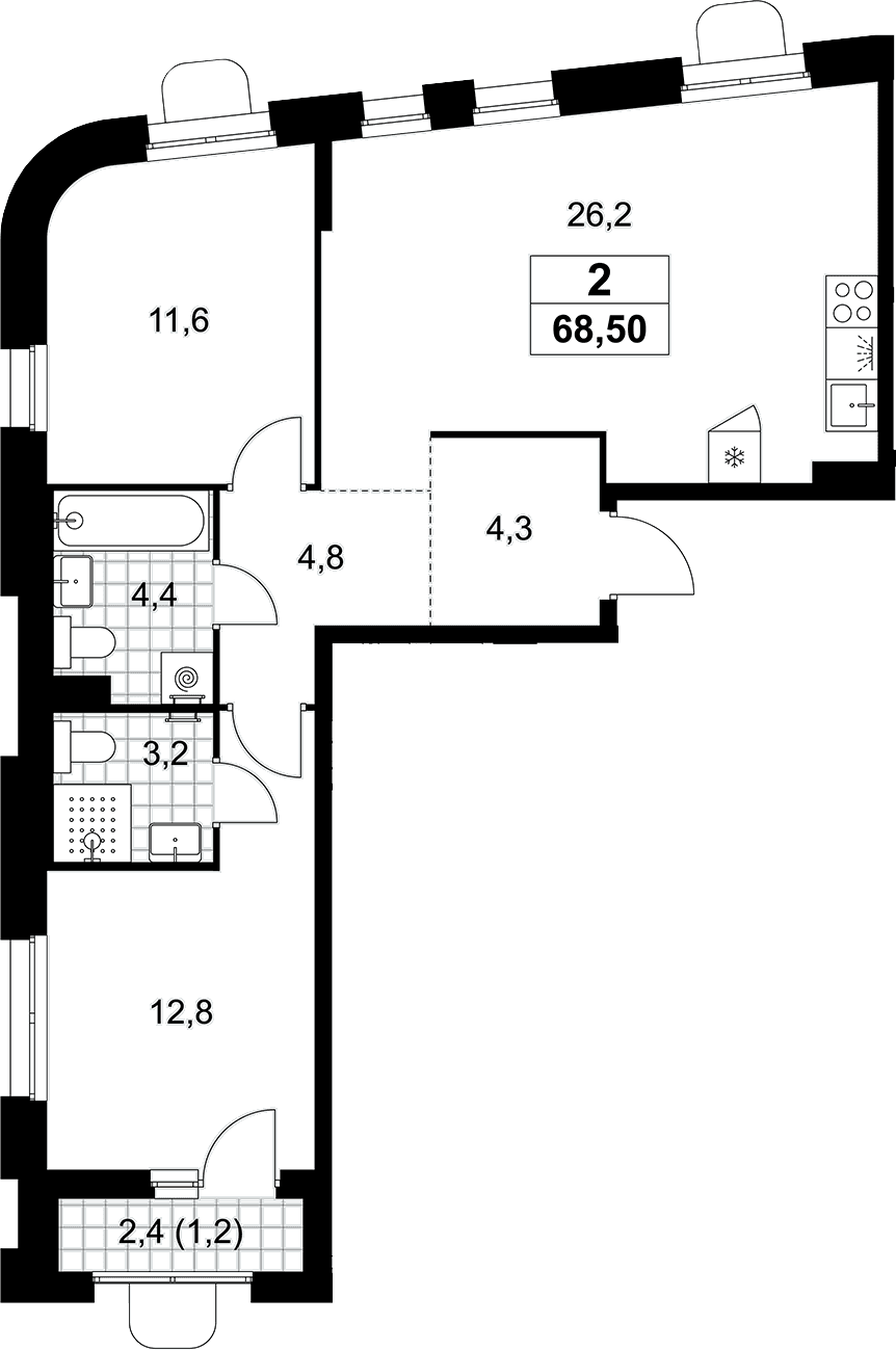 Планировка: Евротрёшка 67,3 м² в ЖК «Прокшино»