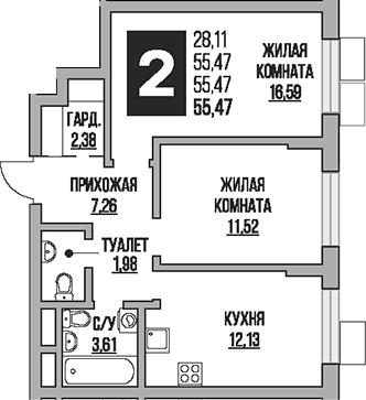 Планировка: 2-комнатная квартира 55,5 м² в ЖК «Гранель Живописный»