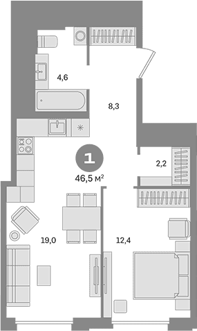 Планировка: 1-комнатная квартира 46,5 м² в ЖК «Квартал Герцена»