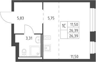 Планировка: Студия 26,4 м² в ЖК «Горки Парк»