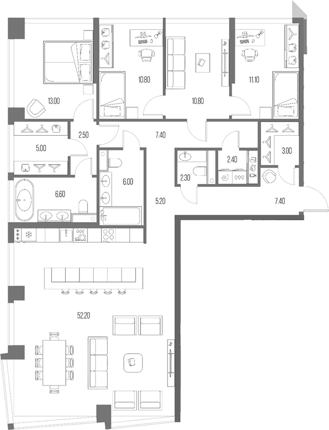 Планировка: 3-комнатная квартира 145,7 м² в ЖК «Северный Порт»