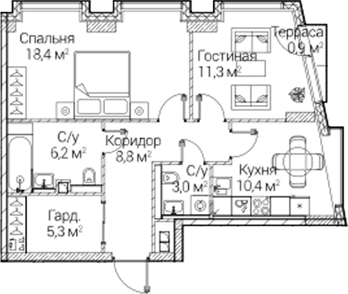 Планировка: 2-комнатная квартира 63,7 м² в ЖК «СЕЗАР БУДУЩЕЕ»