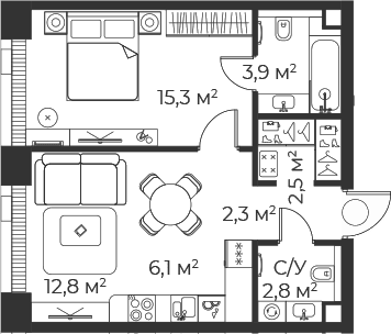 Планировка: Евродвушка 45,8 м² в ЖК «Веер»