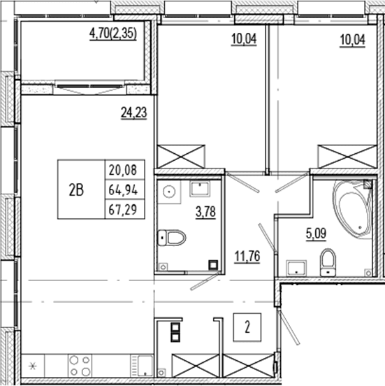 Планировка: Евротрёшка 64,9 м² в ЖК «Ranta Residence»