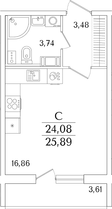 Планировка: Студия 24,1 м² в ЖК «Кинопарк»