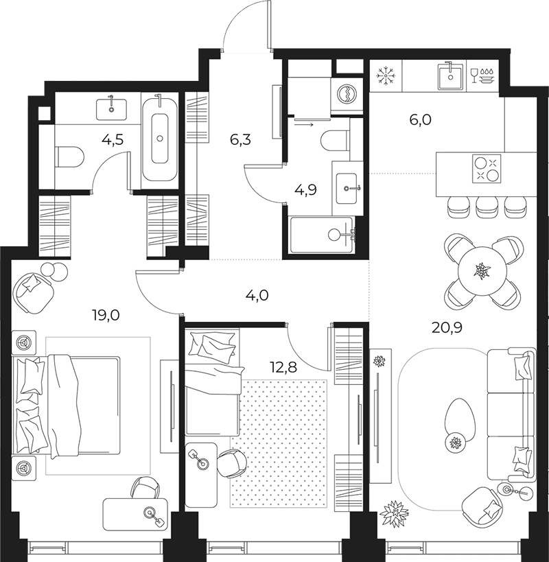Планировка: Евротрёшка 78,4 м² в ЖК «МАСТЕРС»
