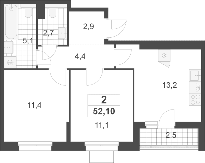 Планировка: 2-комнатная квартира 50,8 м² в ЖК «Деснаречье»
