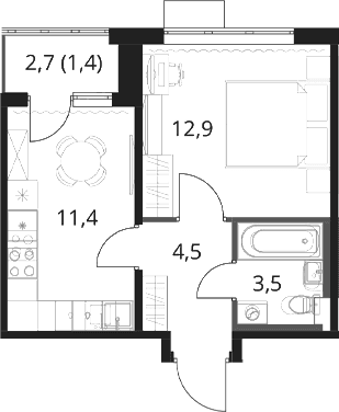 Планировка: 1-комнатная квартира 32,3 м² в ЖК «1-й Шереметьевский»