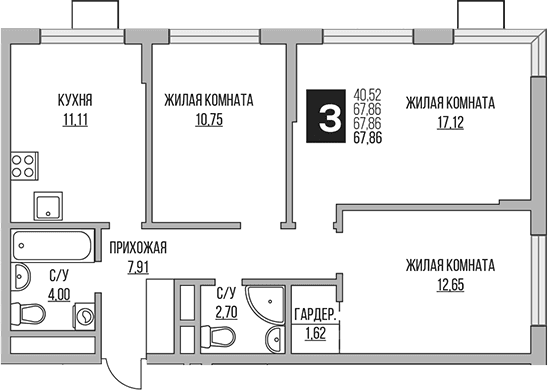 Планировка: 3-комнатная квартира 67,9 м² в ЖК «Гранель Мытищи»
