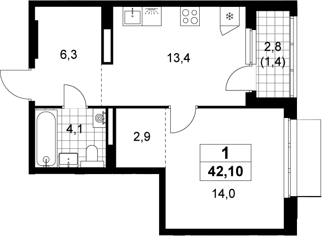 Планировка: 1-комнатная квартира 40,7 м² в ЖК «Деснаречье»