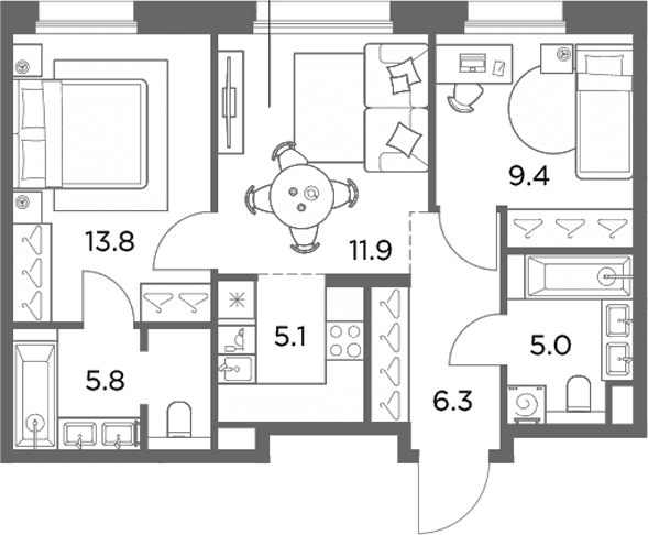 Планировка: Евротрёшка 57,3 м² в ЖК «Станиславский»