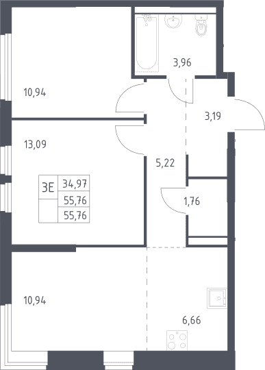 Планировка: Евротрёшка 55,8 м² в ЖК «Пригород Лесное»