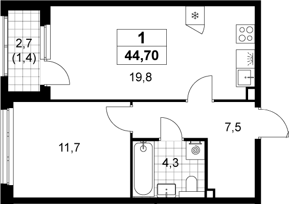 Планировка: Евродвушка 43,3 м² в ЖК «Деснаречье»
