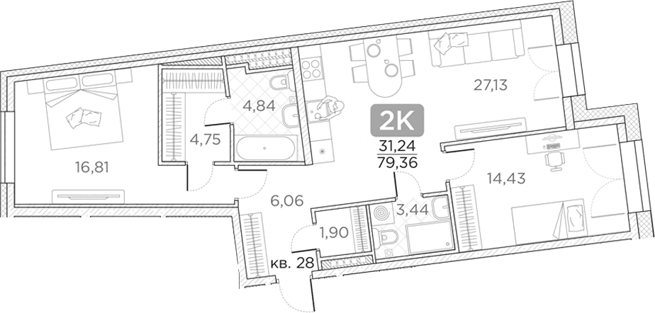 Планировка: Евротрёшка 79,4 м² в ЖК «Гильдия»
