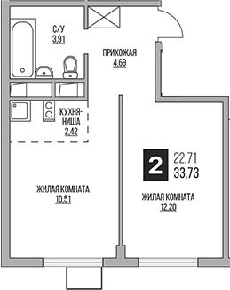 Планировка: Евродвушка 33,7 м² в ЖК «Гранель Аникеевский»