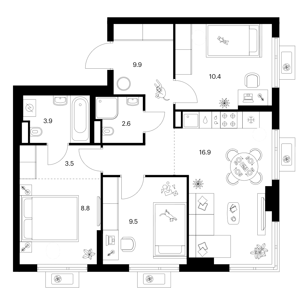 Планировка: 3-комнатная квартира 65,5 м² в ЖК «Белая Дача парк»