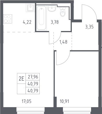 Планировка: Евродвушка 40,8 м² в ЖК «Богдановский лес»