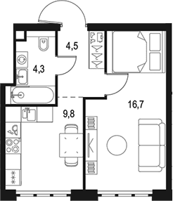 Планировка: 1-комнатная квартира 35,3 м² в ЖК «Левел Южнопортовая»