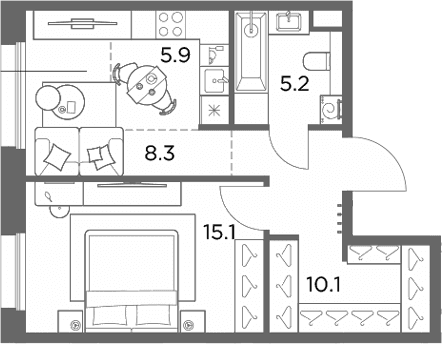 Планировка: Евродвушка 44,6 м² в ЖК «Станиславский»