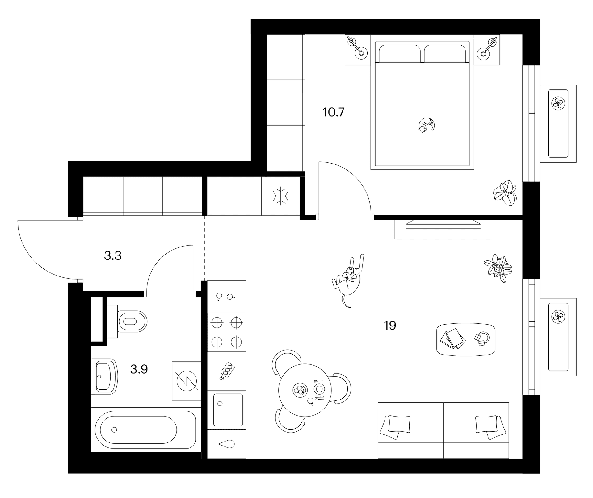 Планировка: 1-комнатная квартира 36,9 м² в ЖК «Белая Дача парк»