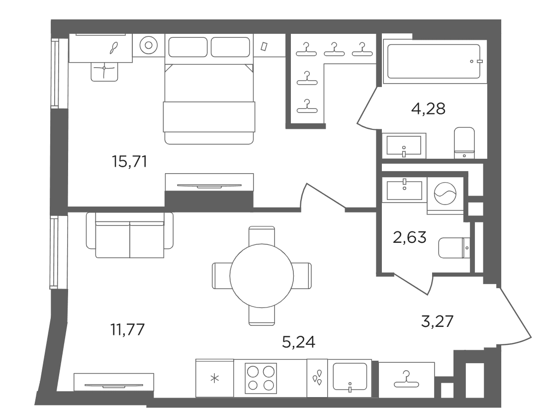 Планировка: Евродвушка 42,9 м² в ЖК «Сикрет Гарден»