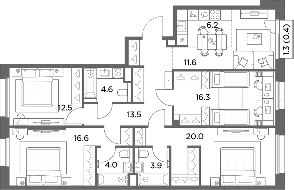 Планировка: Квартира евро-5 109,2 м² в ЖК «Станиславский»