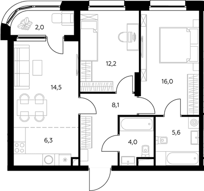 Планировка: Евротрёшка 67,5 м² в ЖК «Адмирал»