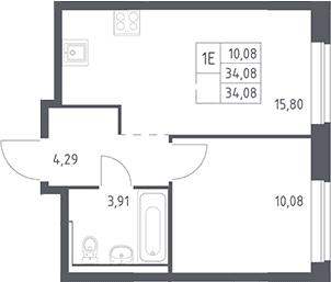 Планировка: Евродвушка 34,1 м² в ЖК «Рублевский квартал»