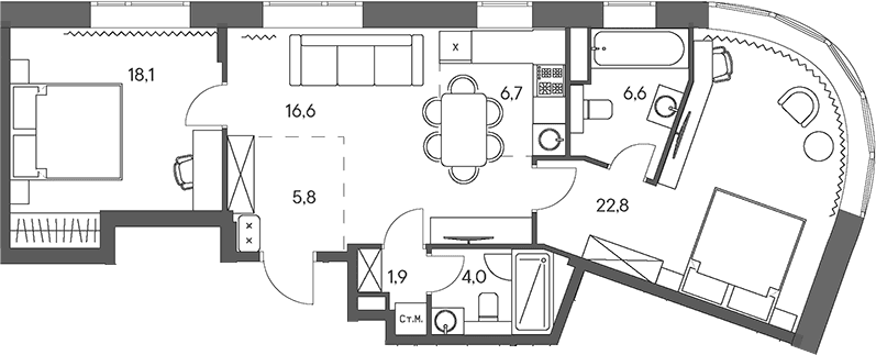 Планировка: Евротрёшка 82,5 м² в ЖК «Родина Переделкино»