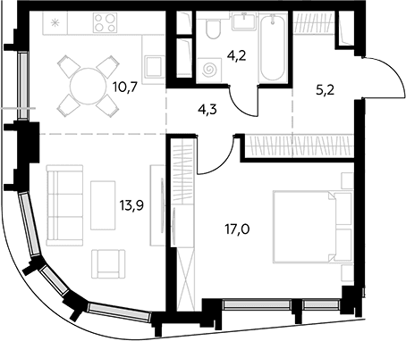 Планировка: Евродвушка 55,3 м² в ЖК «Дом 56»