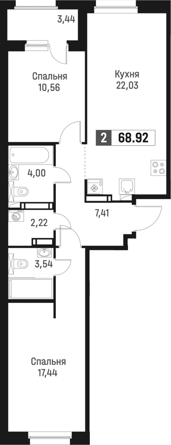 Планировка: Евротрёшка 67,2 м² в ЖК «Максималист»