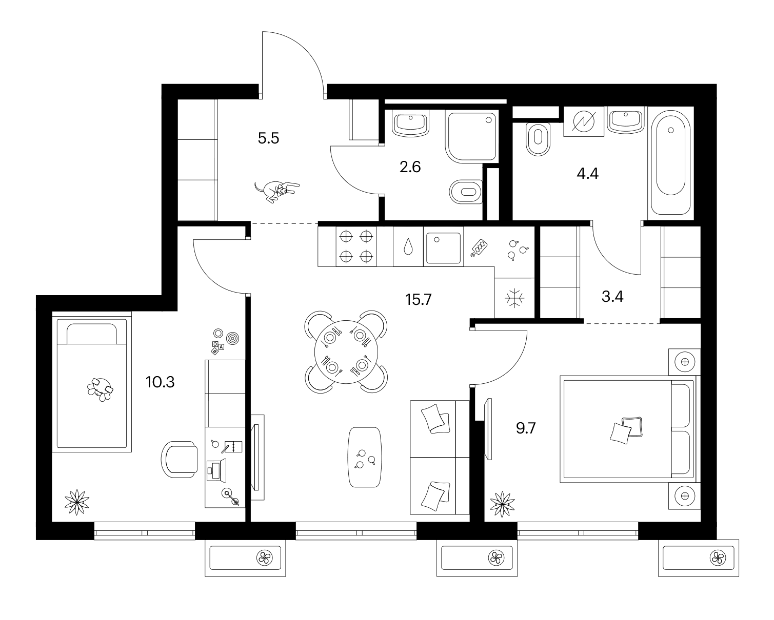 Планировка: 2-комнатная квартира 51,6 м² в ЖК «Ярославский»