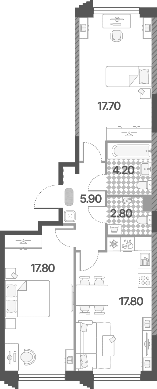 Планировка: Евротрёшка 66,2 м² в ЖК «Обручева 30»
