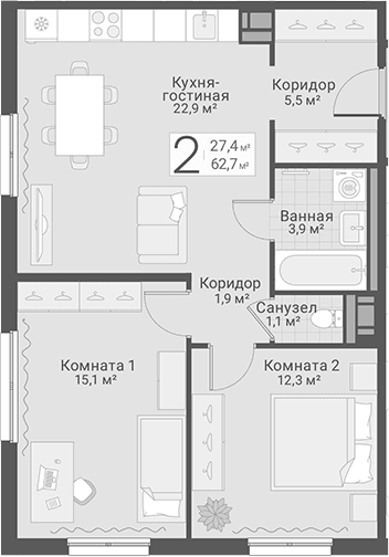 Планировка: Евротрёшка 62,7 м² в ЖК «Руднева, 15»