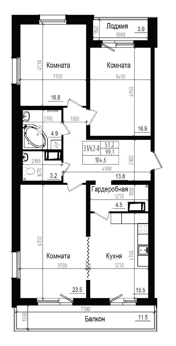 Планировка: Квартира евро-4 99,1 м² в ЖК «Прагма Сити»
