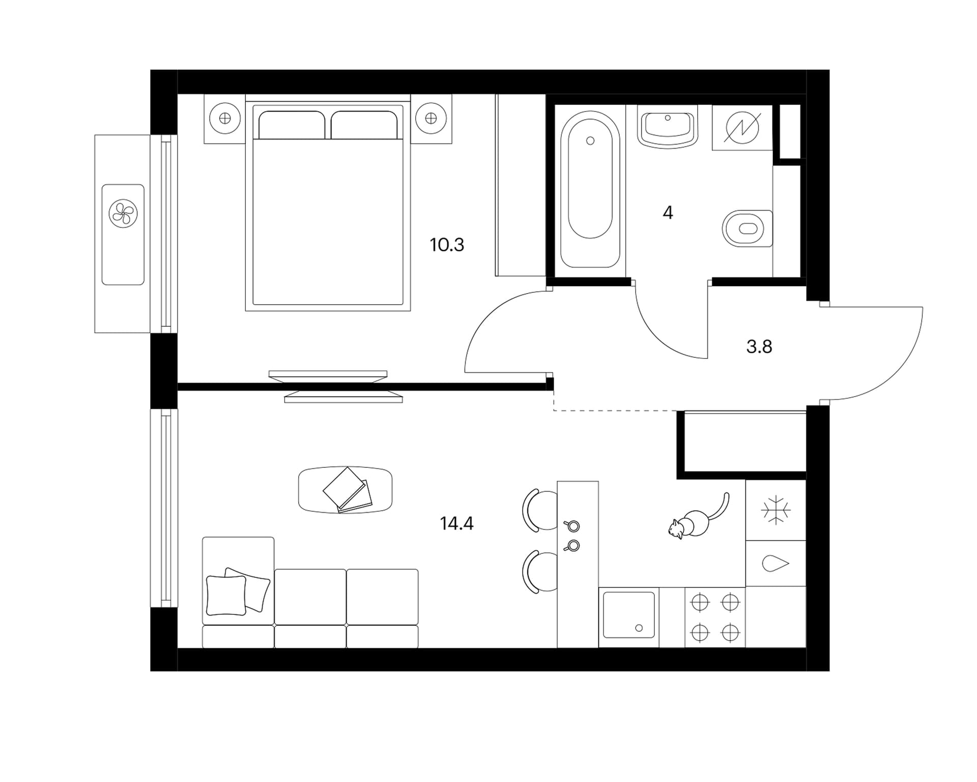 Планировка: 1-комнатная квартира 32,5 м² в ЖК «Белая Дача парк»