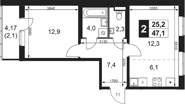 Планировка: Евродвушка 45 м² в ЖК «1-й Ясеневский»