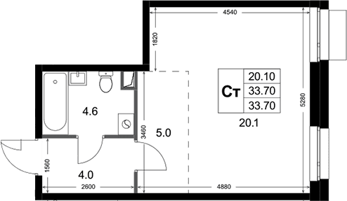 Планировка: Студия 33,7 м² в ЖК «Кореневский Форт 2.3»