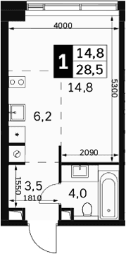 Планировка: Студия 28,5 м² в ЖК «Амбер Сити»
