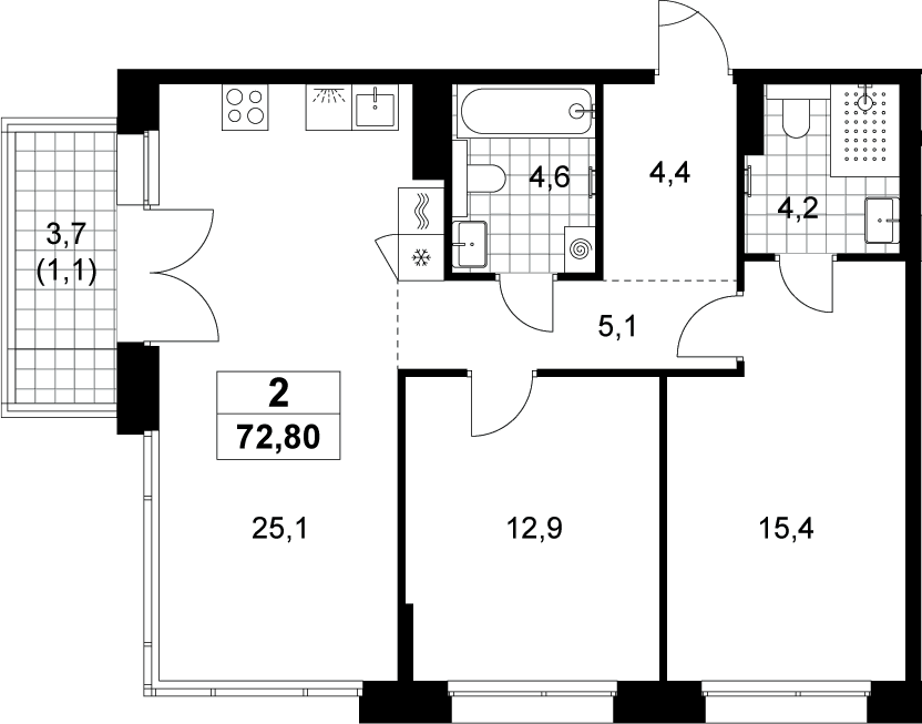 Планировка: Евротрёшка 71,7 м² в ЖК «Хольм»