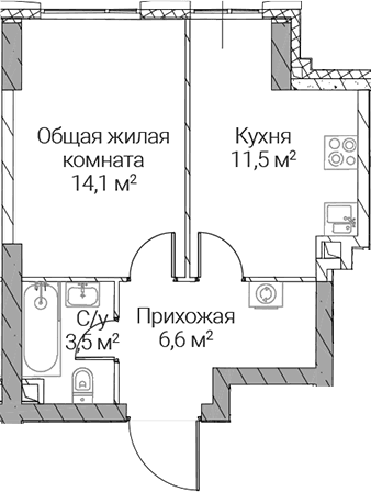 Планировка: 1-комнатная квартира 35,7 м² в ЖК «СЕЗАР СИЛИКА»