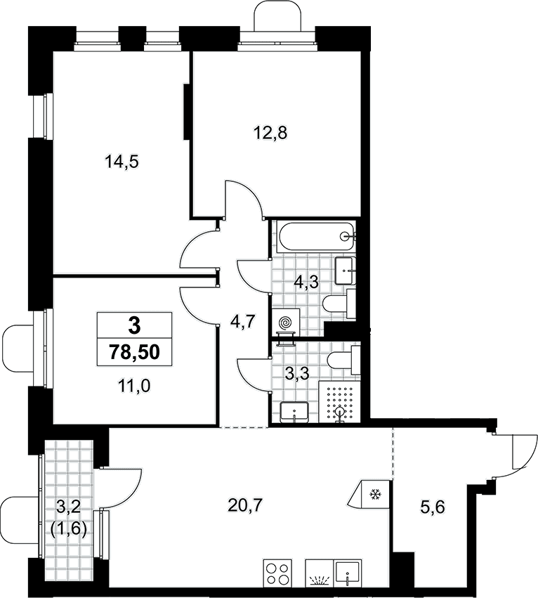 Планировка: Квартира евро-4 76,9 м² в ЖК «Прокшино»