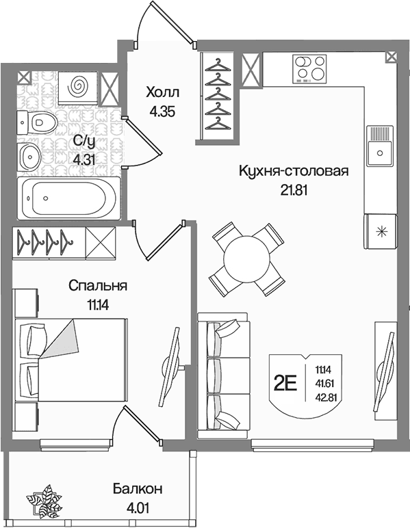Планировка: Евродвушка 41,6 м² в ЖК «Охтинские высоты»