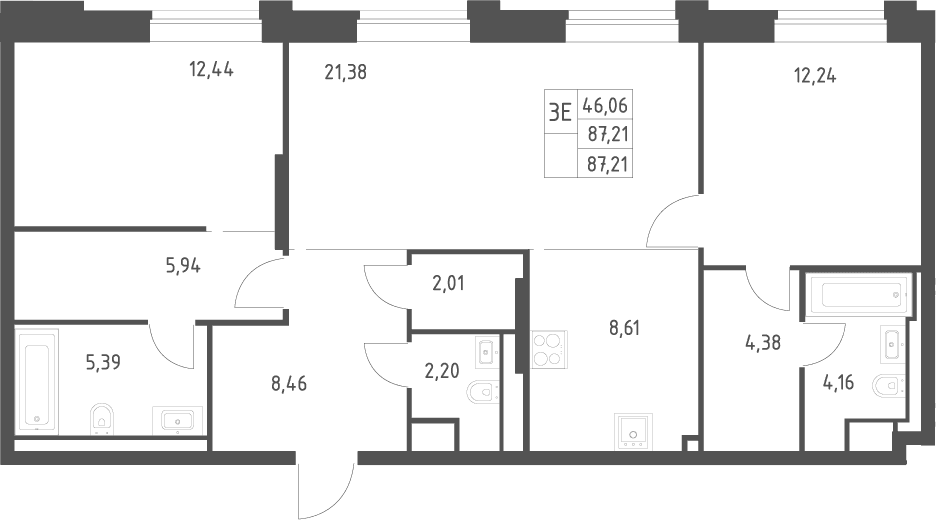 Планировка: Евротрёшка 87,2 м² в ЖК «Верейская 41»