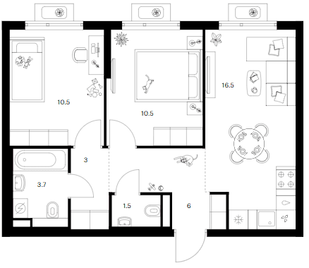Планировка: 2-комнатная квартира 51,7 м² в ЖК «Белая Дача парк»