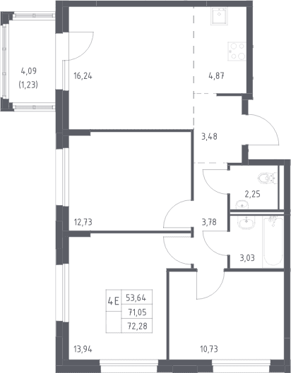 Планировка: Квартира евро-4 71,1 м² в ЖК «Прибрежный Парк»
