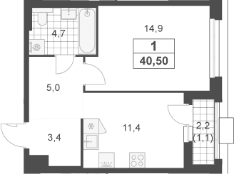 Планировка: 1-комнатная квартира 39,4 м² в ЖК «Южные сады»