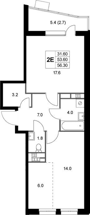 Планировка: Евродвушка 53,6 м² в ЖК «Легенда Коренево»
