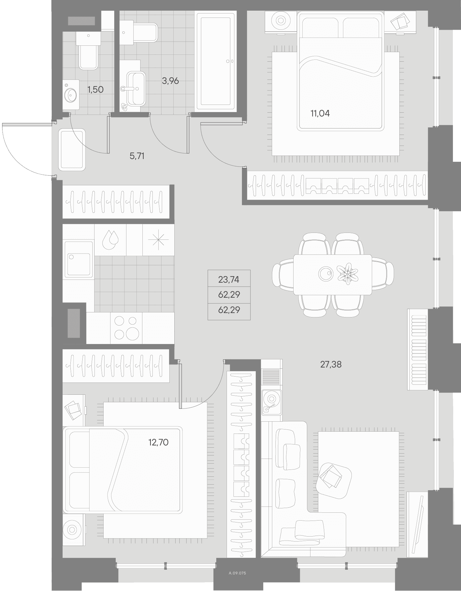 Планировка: Евротрёшка 62,3 м² в ЖК «Альпен»